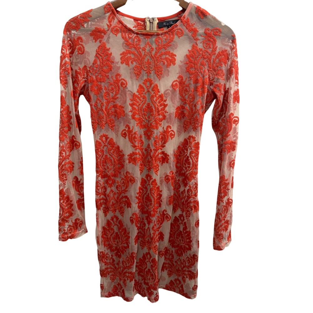 Honey Punch Mini Dress Women S Orange Red Excellent Sheer Mesh Damask Embroidery